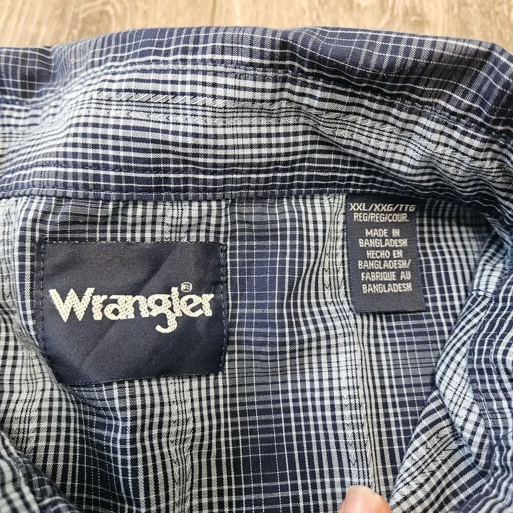 Wrangler Western Pearl Snap Blue Plaid Button Up Shirt Men's Medium Retro